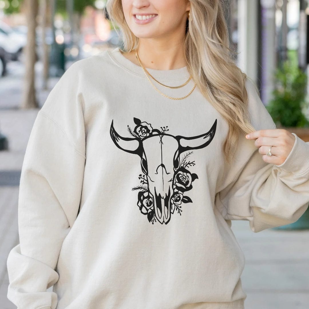 Boho Bull Skull Western Sweatshirt | Country Sweatshirt Sweatshirt TheFringeCultureCollective