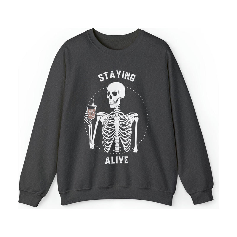 Staying Alive Skeleton Crewneck | Funny Coffee Sweatshirt Sweatshirt TheFringeCultureCollective